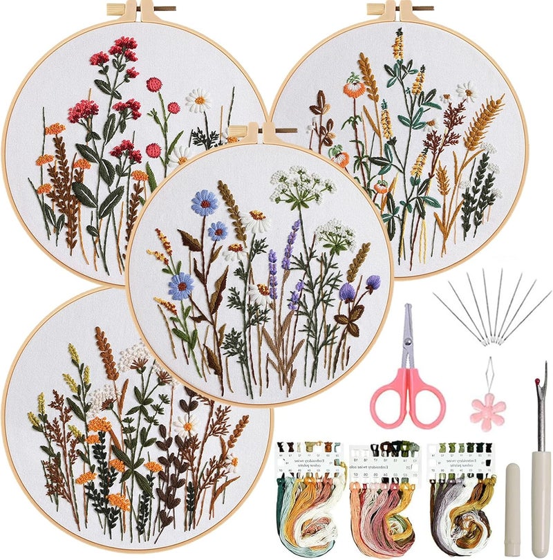 Ohcol 4 Sets Embroidery Kit for Beginners Cross Stitch Kits Needlepoint Kits Crafts for Adults with 2 Embroidery Hoops Easy-to-Follow Operating Instructions,Needle Point Kits with Flowers Patterns - Image 1